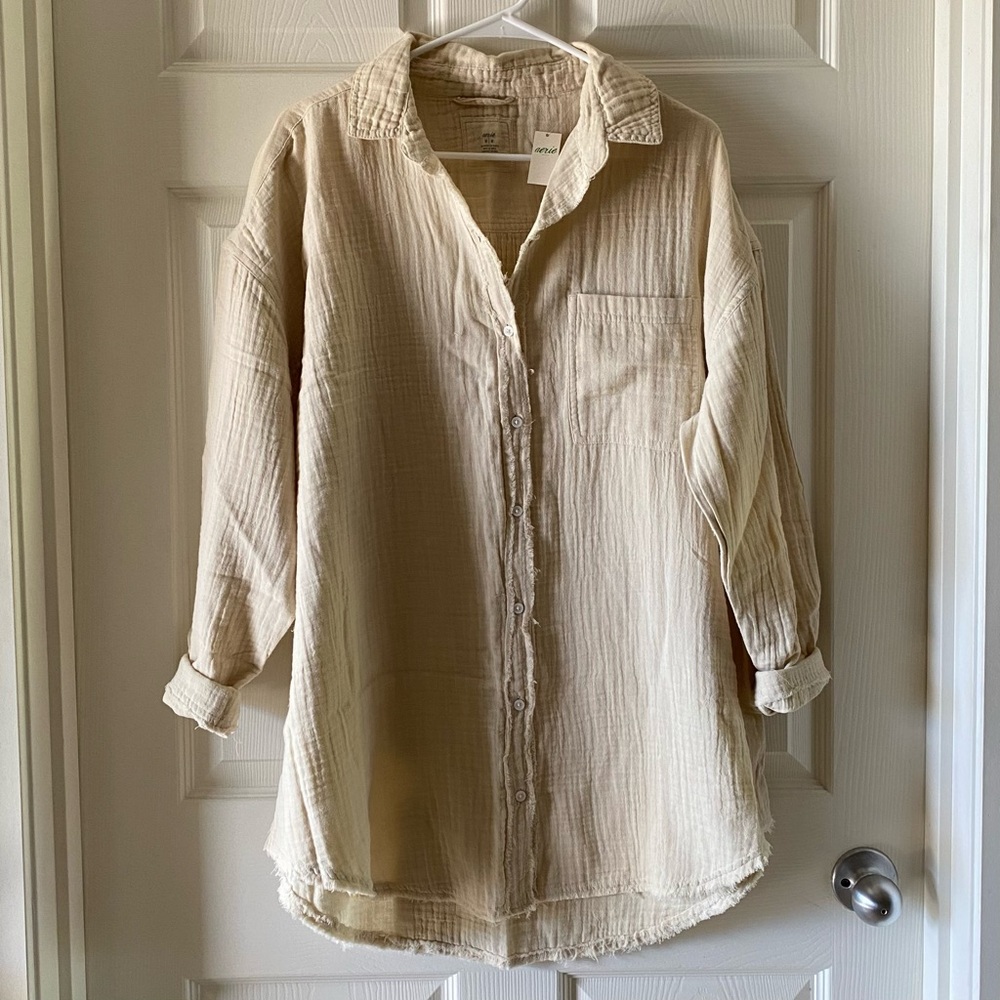 Aerie Beige Gauze Button-up Long Sleeve Beach Shirt - Women’s Size Medium